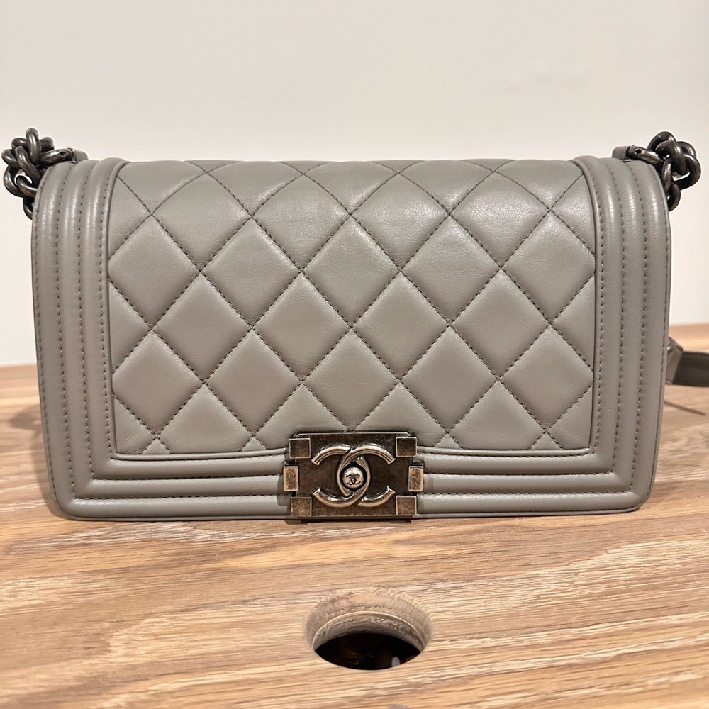 SALE CHANEL Gray Quilted Crossbody Leboy Bag in very good condition